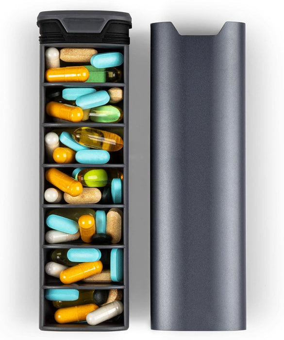 7 Day Premium Pill POD - Aluminum & Wood finish Large Capacity for Pills, Vitamins and Medicine