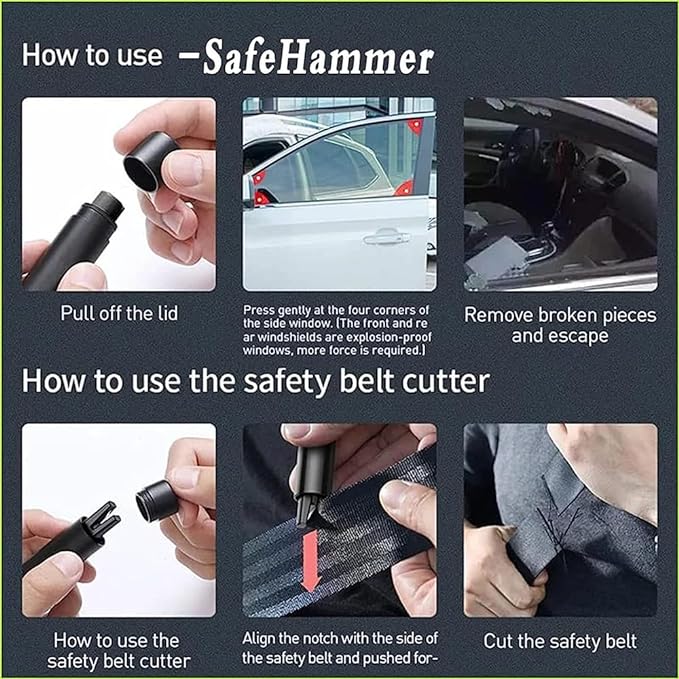 Car Safety Hammer - 2-in-1 Emergency Glass Breaker and Belt Cutter